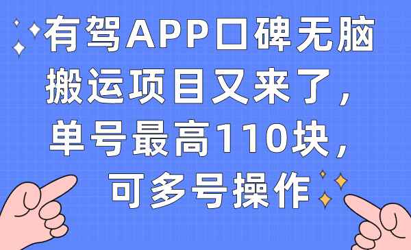 （7314期）有驾APP口碑无脑搬运项目又来了，单号最高110块，可多号操作